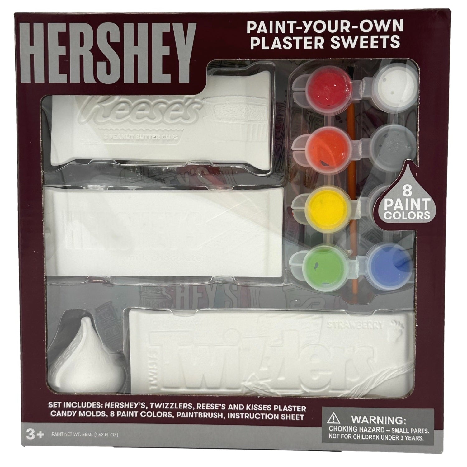 A "Paint-Your-Own Plaster Sweets" kit, featuring Hershey candy molds, eight paint colors, and a paintbrush, packaged in a brown and gray box.